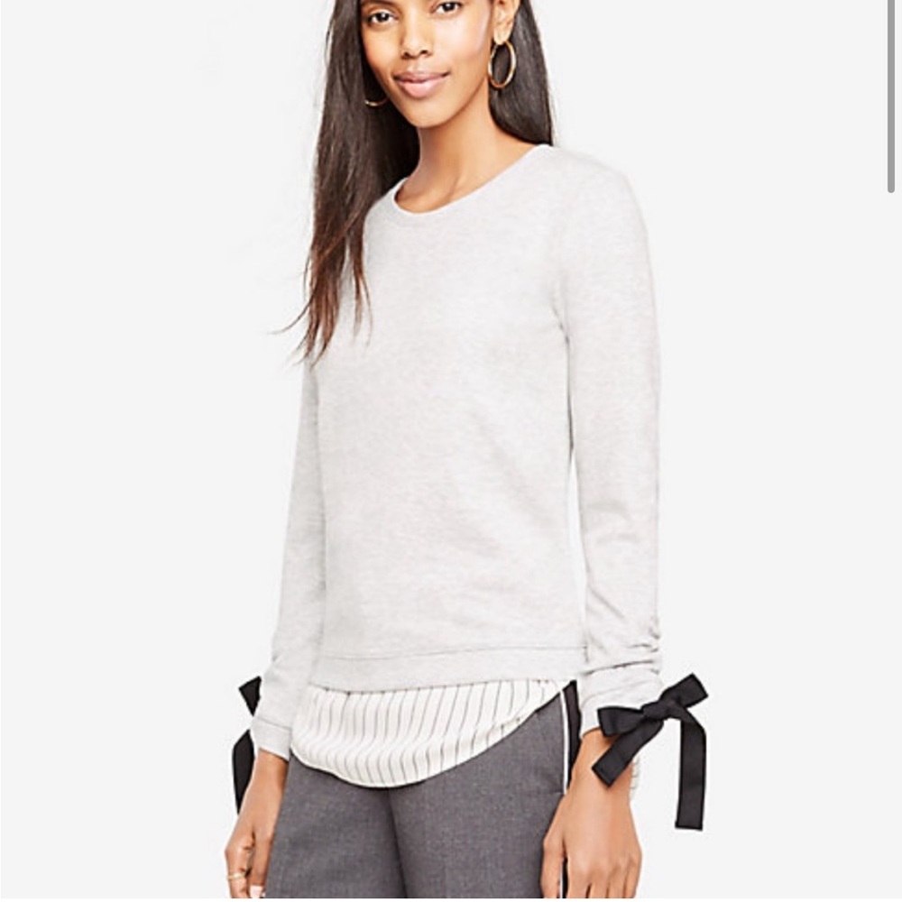 Ann Taylor Ribbon Cuff Tie Sleeve Sweatshirt in Light Heather Gray